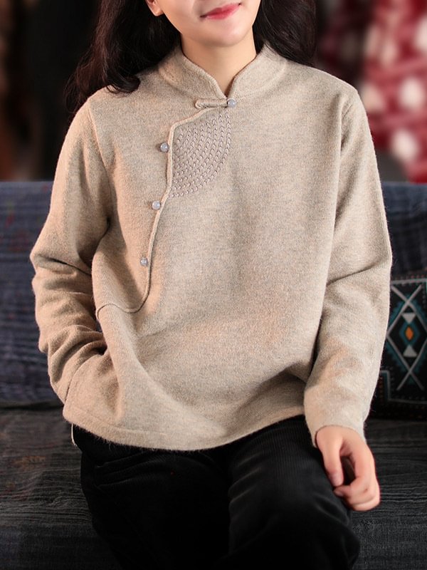 Vintage Knitting Split-Joint Solid Color Embroidered Pullover