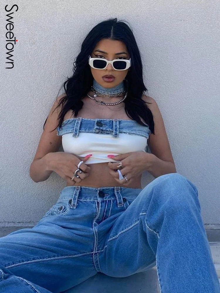 Sweetown Contrast Patchwork Choker Denim Tube Top Off Shoulder Strapless Slim Crop Tops Cool Cow Girl Summer Streetwear Vest