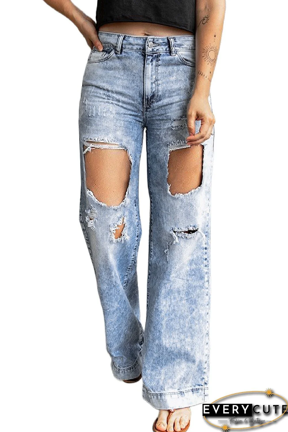 Light Blue Washed Holes Ripped Wide Leg Jeans