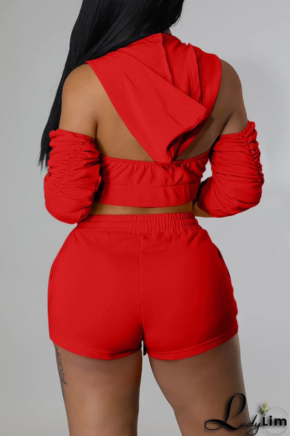 Rose Red Fashion Casual Solid Backless Fold Half A Turtleneck Half Sleeve Two Pieces