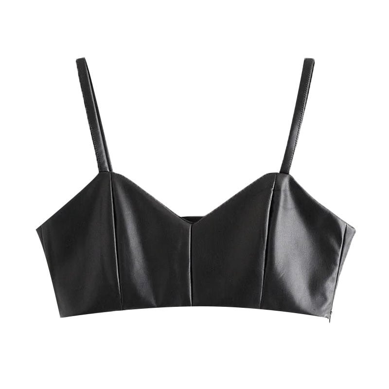 KPYTOMOA Women 2020 Sexy Fashion Faux Leather Cropped Tank Top Vintage Backless Side Zipper Thin Straps Female Camis Chic Tops