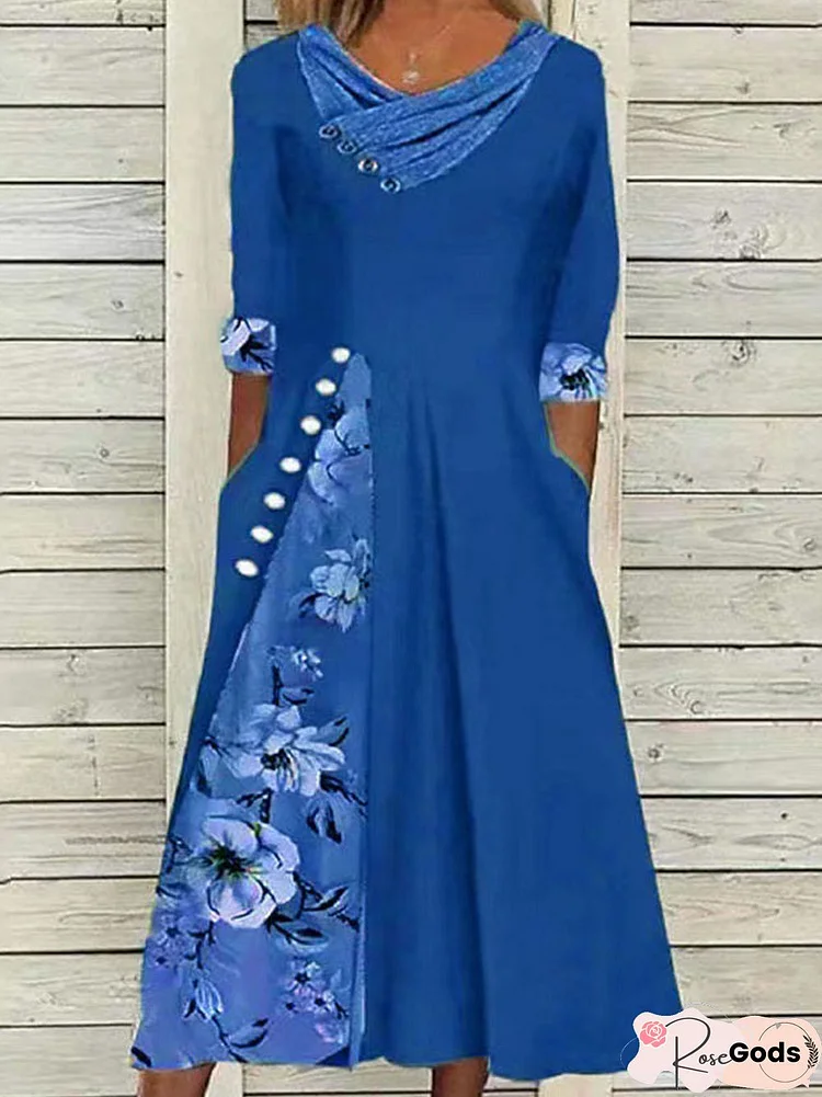 Vintage Half Sleeve Print Splicing Midi Dress Elegant Loose Pullover Party Dresses Women Summer Casual Cross V Neck Button Dress