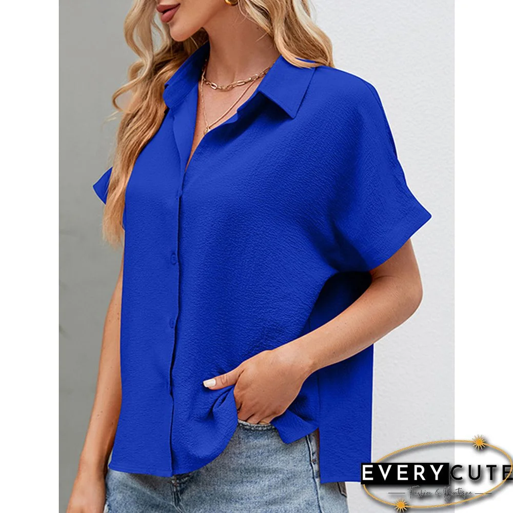 Blue Button Lapel V Neck Short Sleeve Shirt