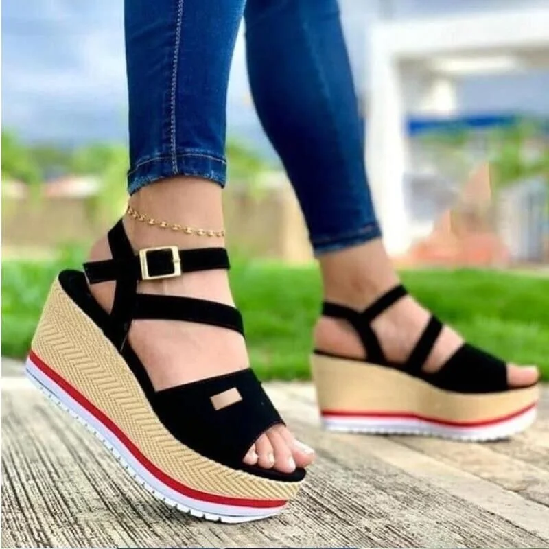 2021 Women's Sandals Vintage Wedge Shoes Woman Buckle Strap Straw Thick Bottom Flats Platform Sandals Flock Female Shoes Summer