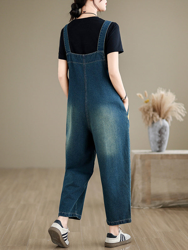 Women's Loose Denim Overalls Large Size Color Matching Casual Wide Leg Pants Overalls