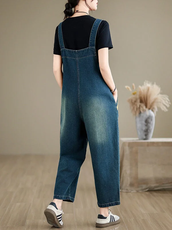 Women's Loose Denim Overalls Large Size Color Matching Casual Wide Leg Pants Overalls