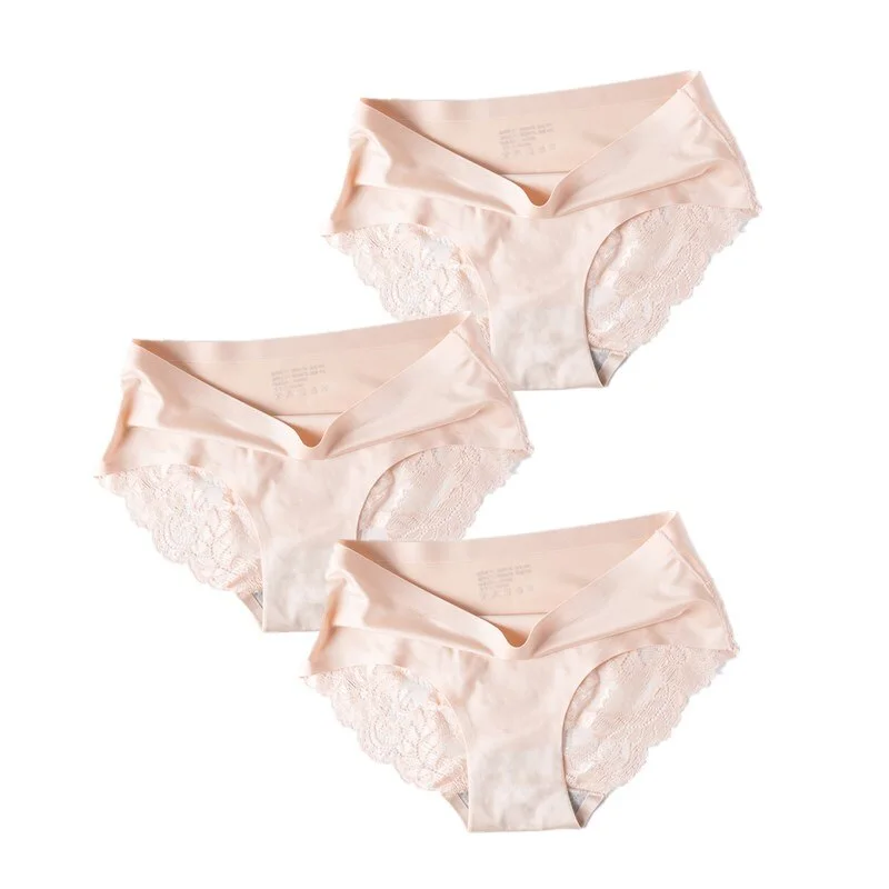 3 Pcs/Set Sexy Seamless Panties Women Lace Underwear Briefs Low Rise Ladies Silk Plus Size Solid Soft Transparent Panty Lingerie
