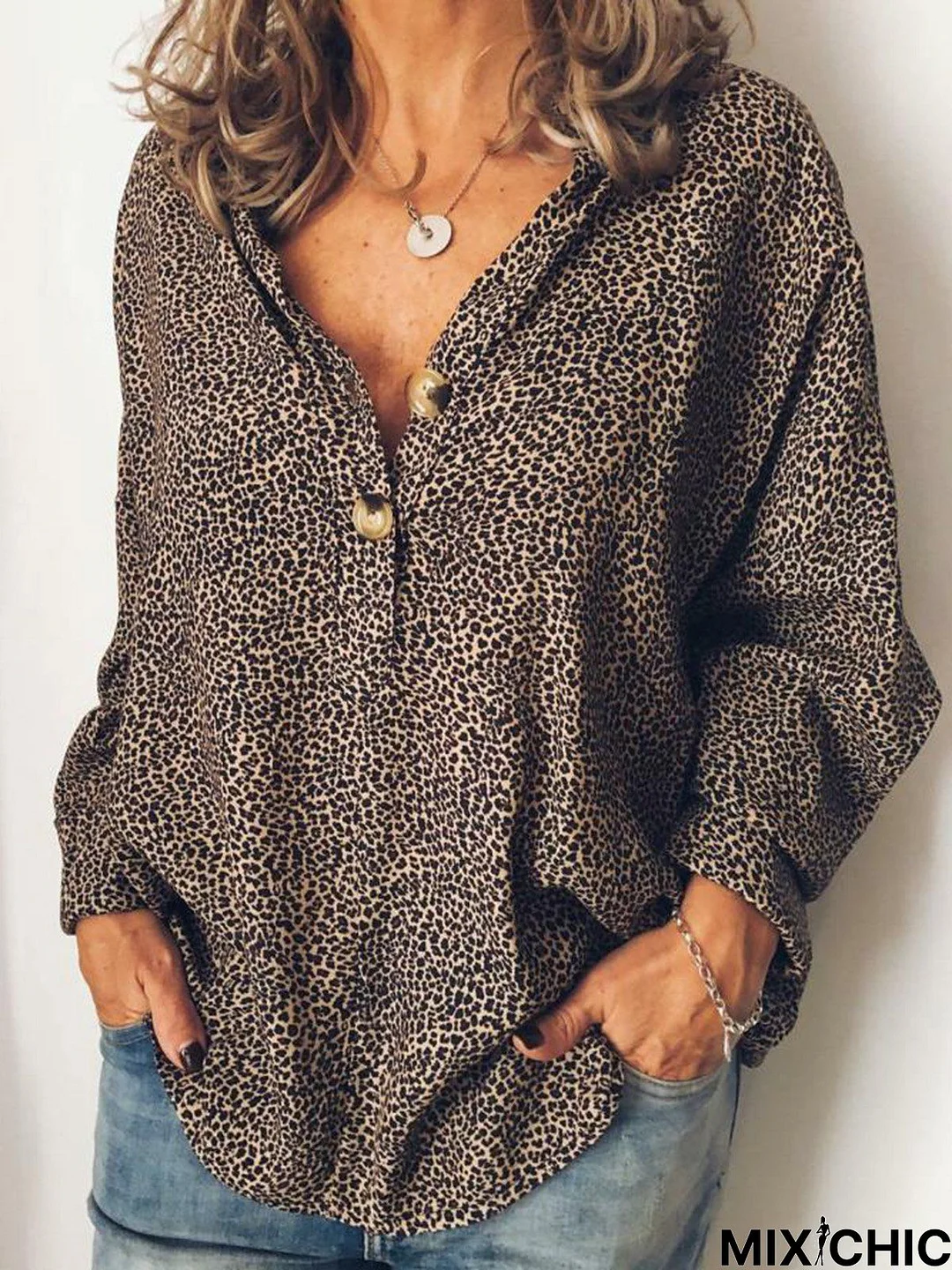 Leopard Print Long Sleeve Cotton-Blend V Neck Casual Top&Tunic Blouse