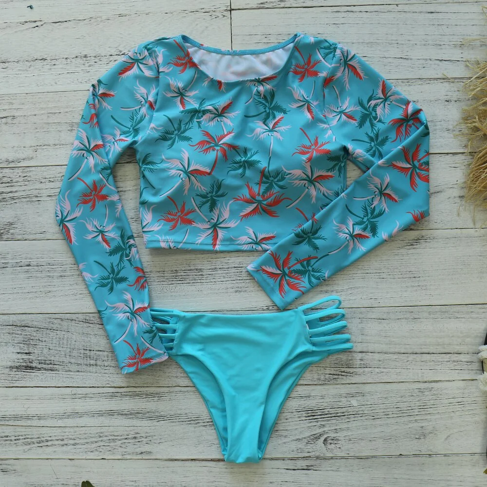 2020 New Sexy Long Sleeve Bikinis Women Swimsuit Green Leaves Print Bathing Suits Beachwear Brazilian Bikini Set Biquini Female
