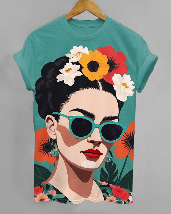 Flower Women Illustration Round Neck Short Sleeve Shirt