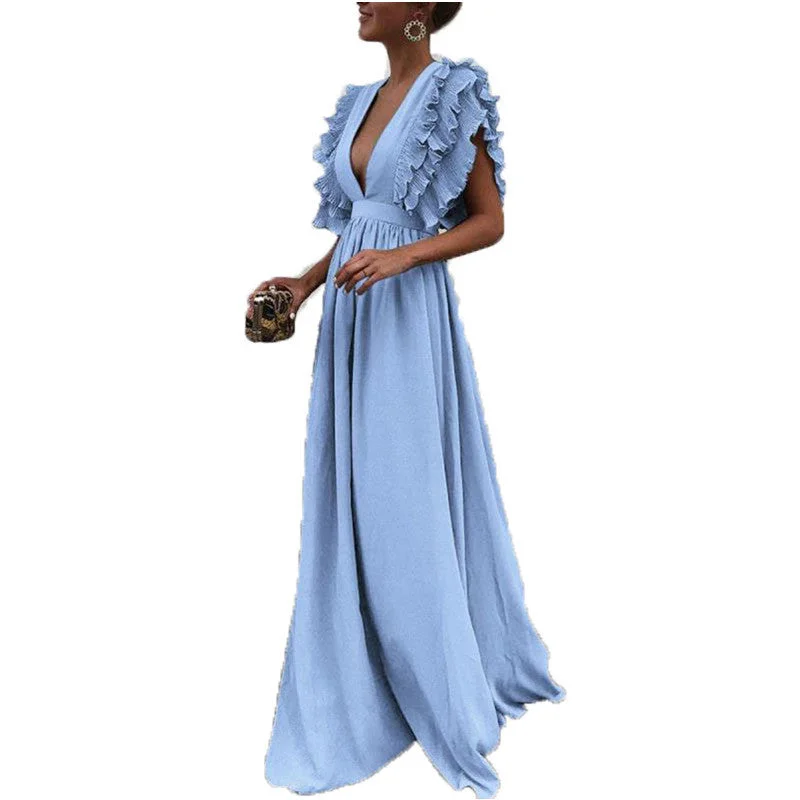 Uveng Sleeves Mid Waist V-neck Backless Solid Color Long Dress