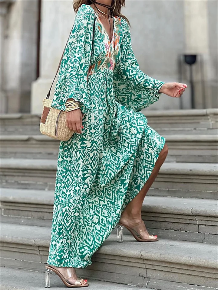 Fall Women's Fashion Casual V-Neck Long Sleeve Midi Printed Bubble Sleeve Dresses