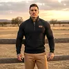 Men's Vintage Western Cowboy Leather Patch Waffle Knit Quarter-Zip Stand Collar Sweatshirt by Inlyline