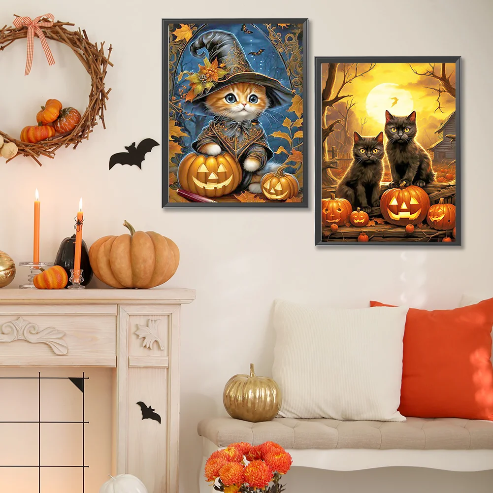 2pcs Diamond Painting - Full Round Drill - Halloween Pumpkin Cat(Canvas|30*40cm)