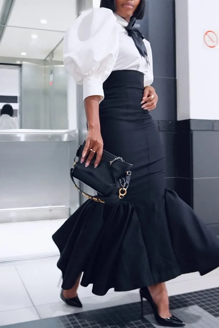 Plus Size Business Casual Black Elegant Shirt Collar Lantern Sleeve 3/4 Sleeve Ruffle Bodycon Two Piece Skirt Sets [Pre-Order] 2024 - Xpluswear