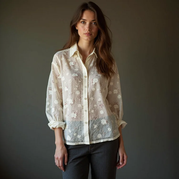 Women's Floral Lace Embroidery Art Long Sleeve Shirt