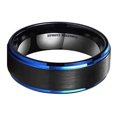 6MM 8MM Women's Or Men's Tungsten Carbide Wedding Blue Edge Ring with Black Matte Finish Top