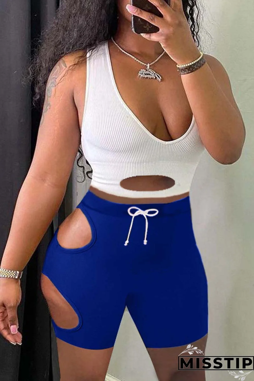 Blue Fashion Sexy Solid Hollowed Out U Neck Sleeveless Two Pieces