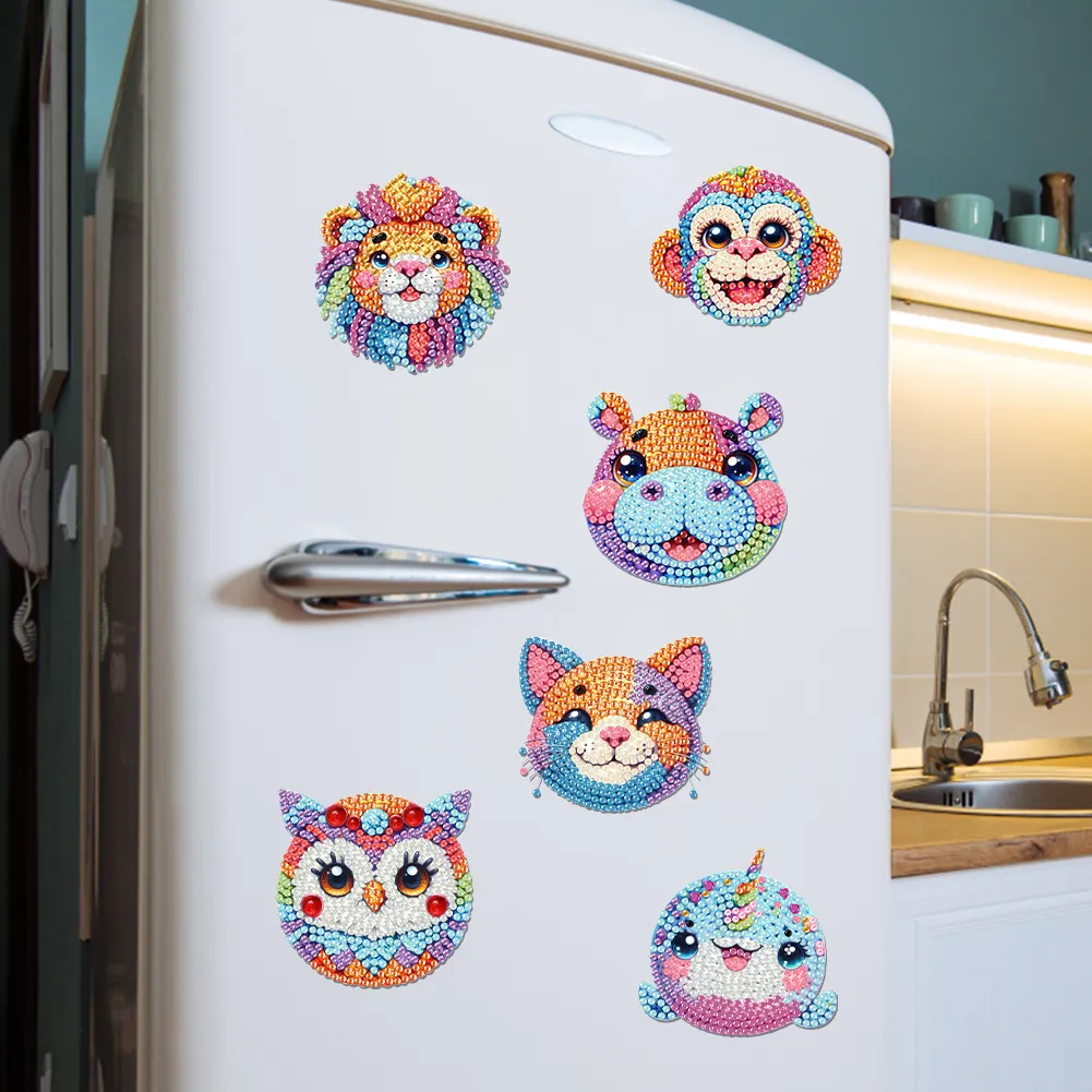 6Pcs Animal Head Acrylic Diamond Painting Art Fridge Magnet for Adults Beginners
