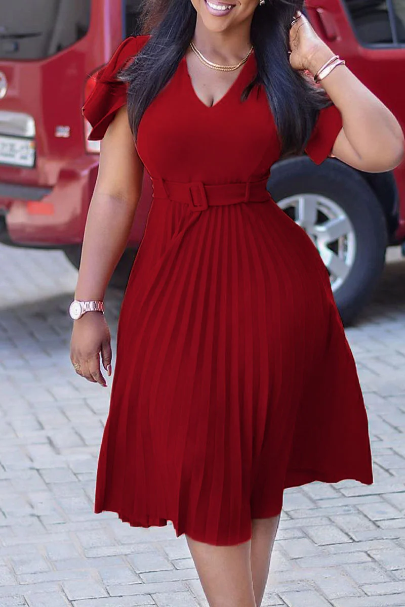 Red Casual Elegant Solid Patchwork Fold O Neck A Line Dresses | EGEMISS