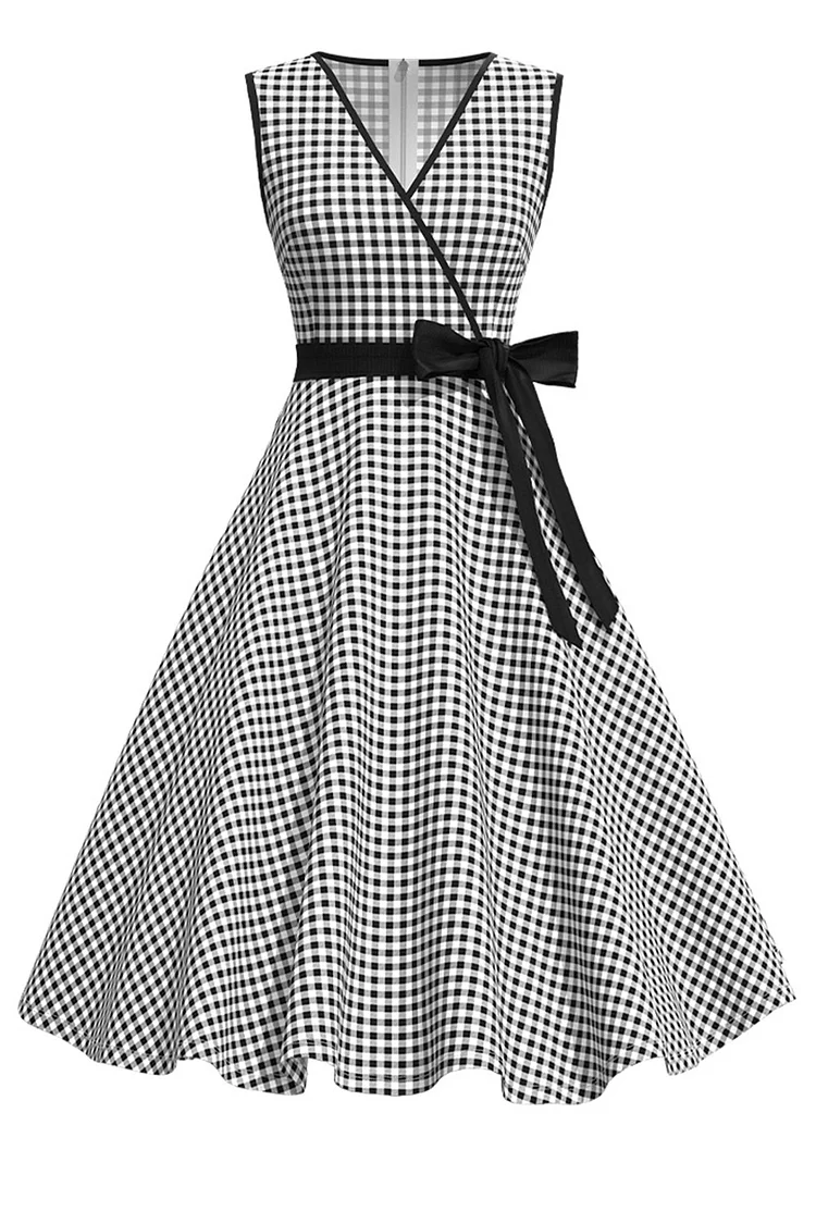 1950s Black Party Plaid Bow Sash Wrap Flare Swing Midi Dress [In Stock]