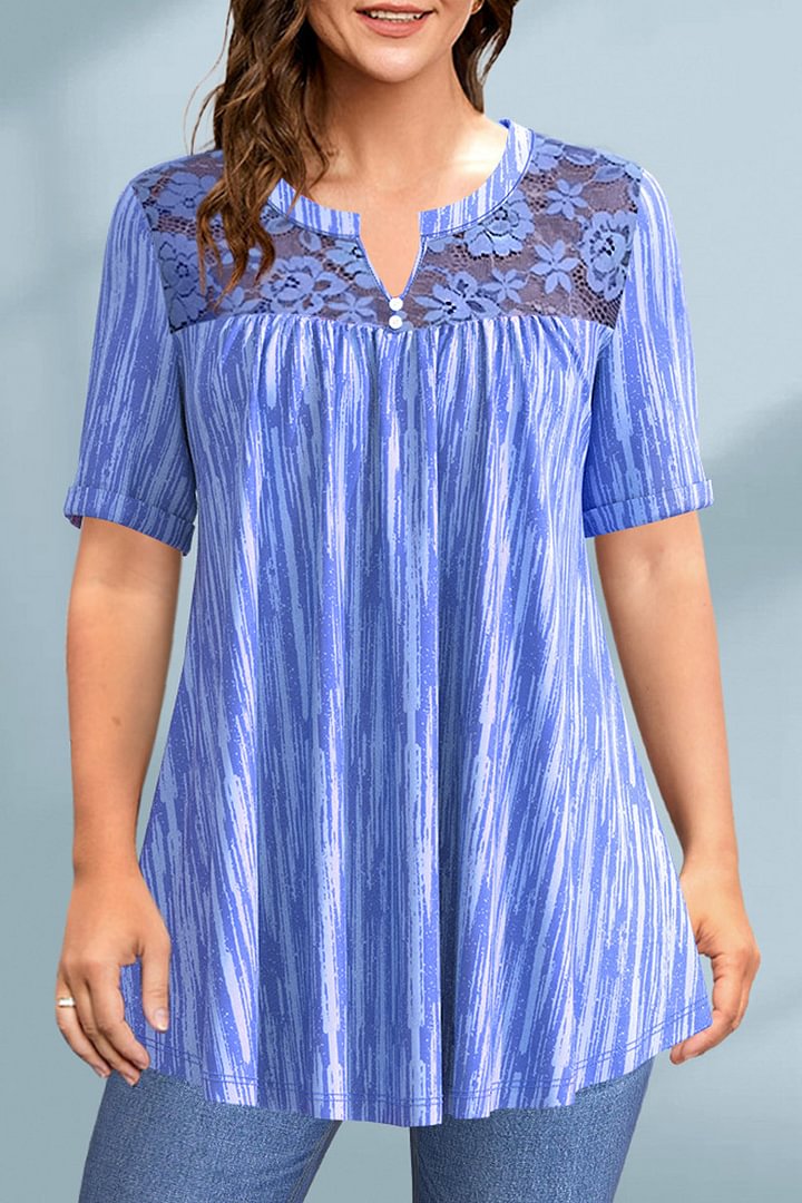 Flycurvy Plus Size Casual Purple Lace Stitching Button Split Neck Tunic Blouse 2024 - Flycurvy 