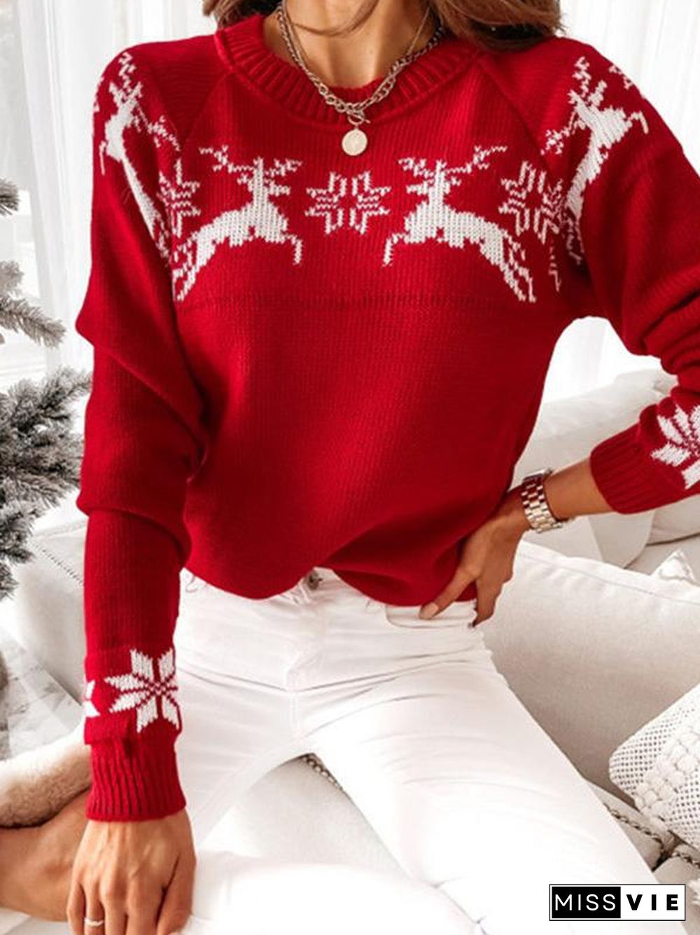 Women's Knitted Scoop Neck Long Sleeve Sweater Top