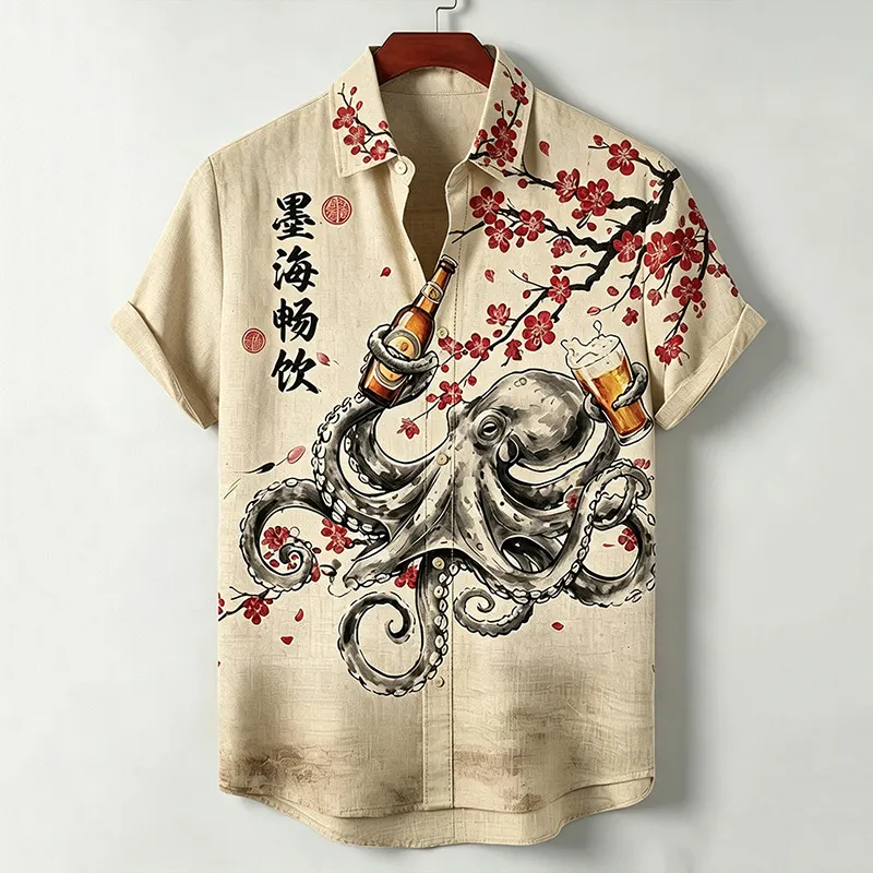 Men's Japanese Cherry Blossom And Octopus Drinking Art Pattern Casual Linen Shirt  artssus