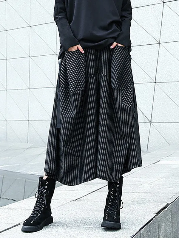 High Waisted Loose Elasticity Pockets Striped Culotte Pants