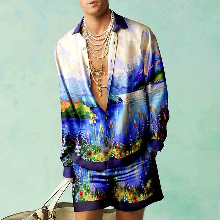 Thoval Fashion 3D Print Two Piece Set Men Long Sleeve Lapel Shirts And Shorts Casual Loose Suits Summer Hawaiian Beach Outfits Male
