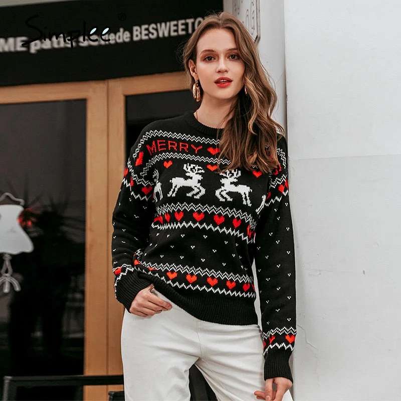 Simplee Christmas cartoon pattern women sweater autumn Winter o-neck long sleeve jumper black white Causal cute knitted pullover