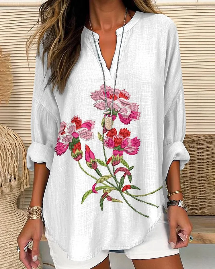 Mother's Day Carnation Flowers Long Sleeves Casual Blouse