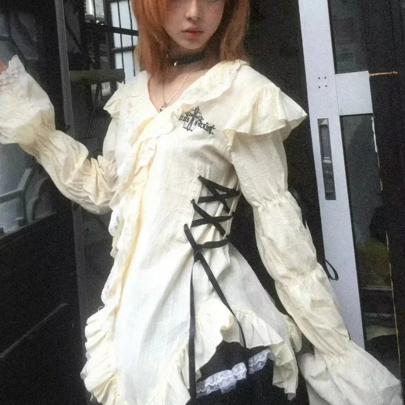OLCooL Y2k Vintage Lace Shirts Women Gothic Aesthetic Goth Bandage Blouse Harajuku Fairycore 2000s Lolita V Neck Long Sleeve Tops olcool