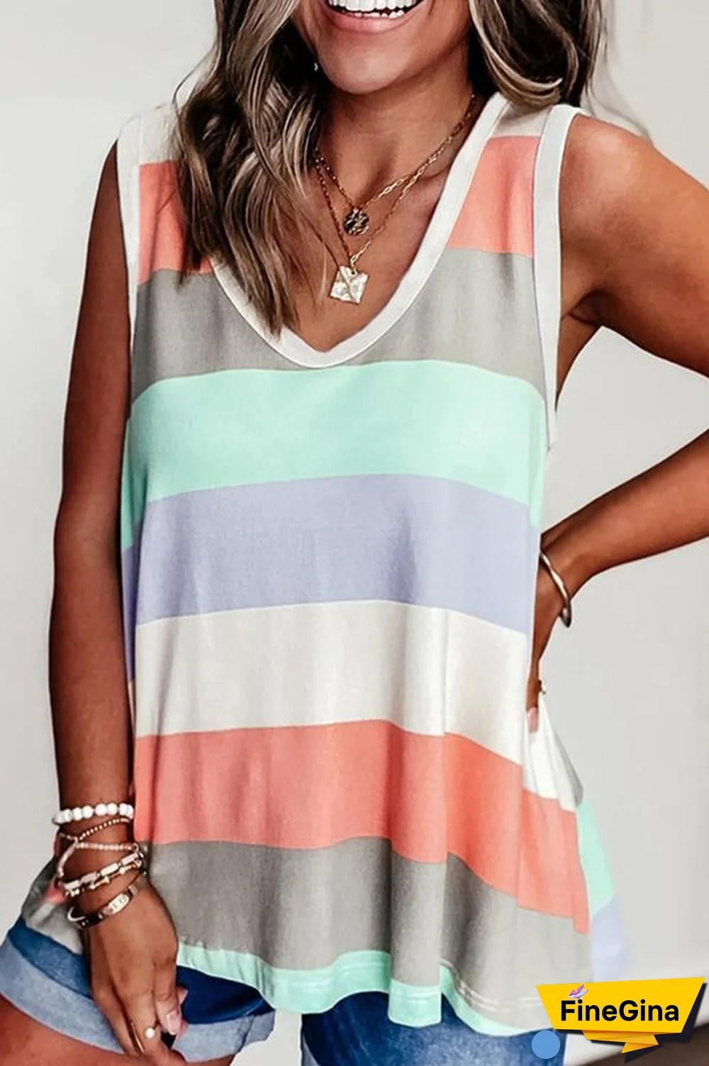 Rainbow Stripe Contrast Sleeveless Top