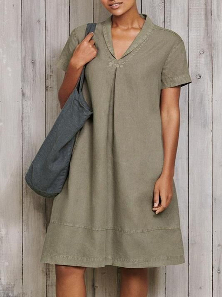 Women Short Sleeve V-neck Soild Midi Dress