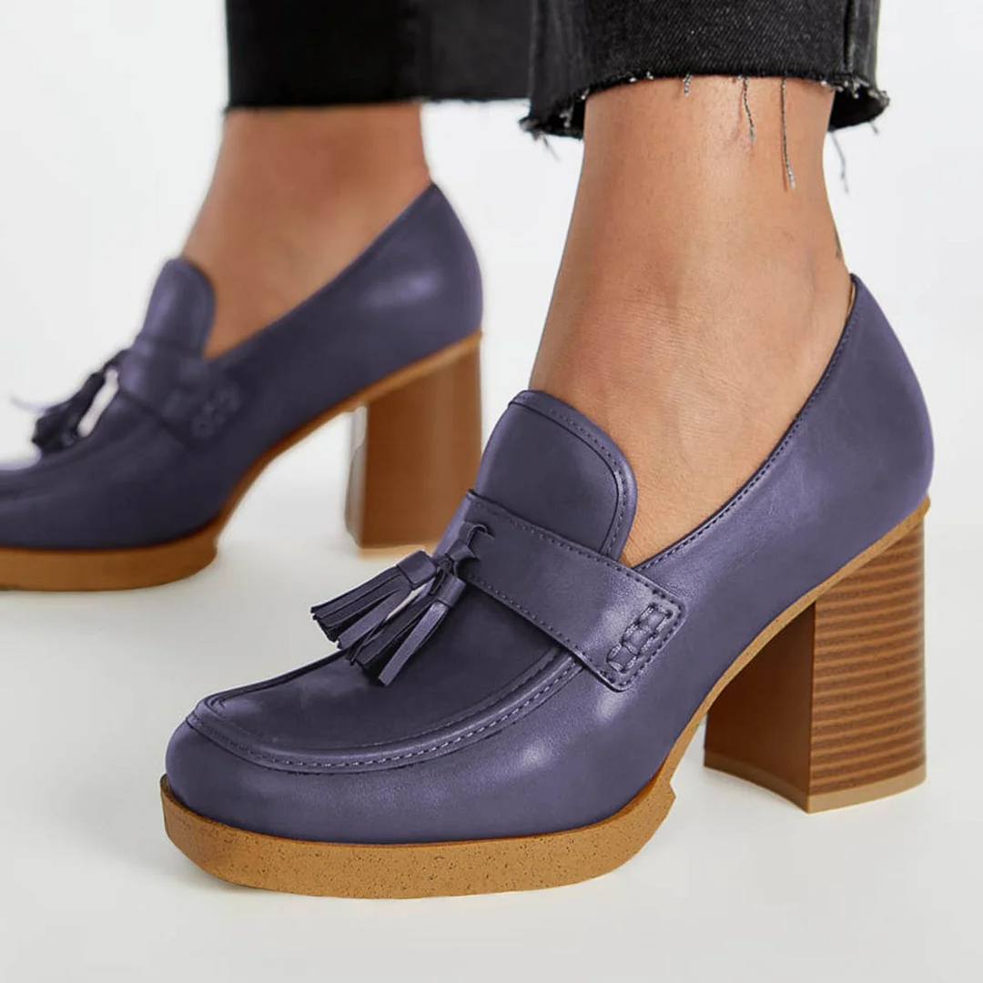 Purple Vegan Leather Tassel Accents Square Toe Loafer Heels