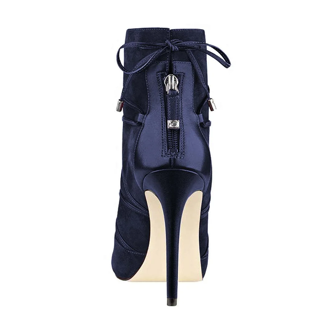 Dark Blue Faux Suede Back-Zip Bow Inlay Ankle Boots with Stiletto Heel