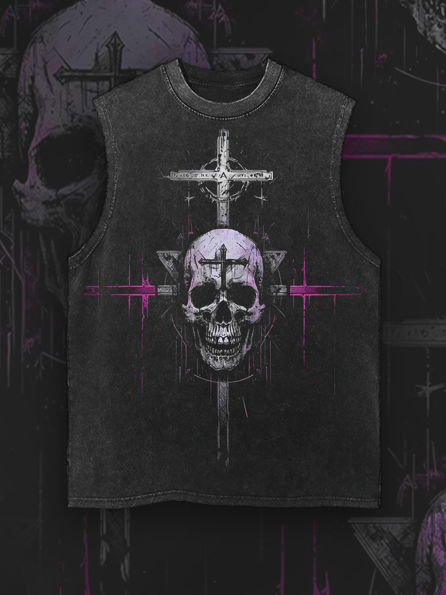 Shoptechwear Art Satanic Skull Devil Dark Cross Acid Wash Casual Vest