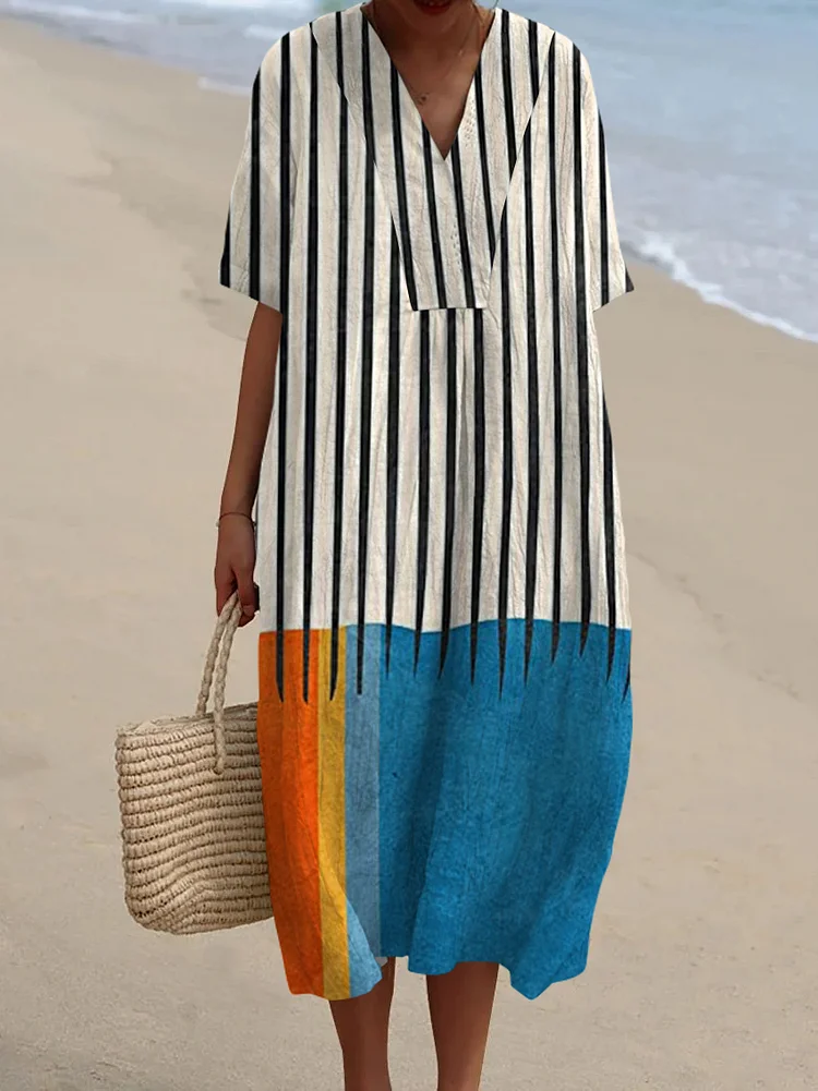 Bohemian Color Block Abstract Art Print V Neck Midi Dress