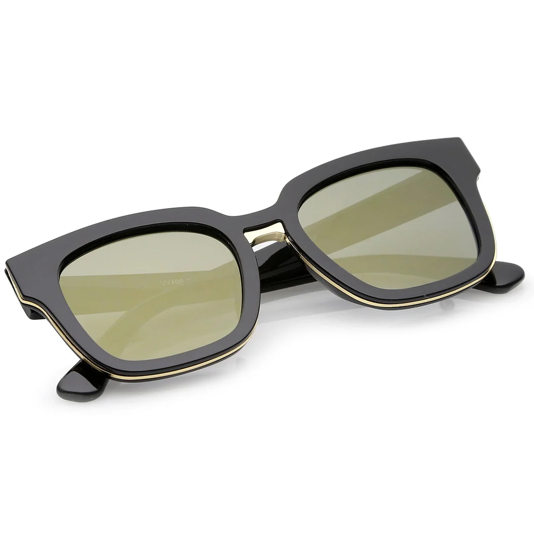 Modern Metal Trim Bridge Square Mirror Flat Lens Horn Rimmed glasses 50mm