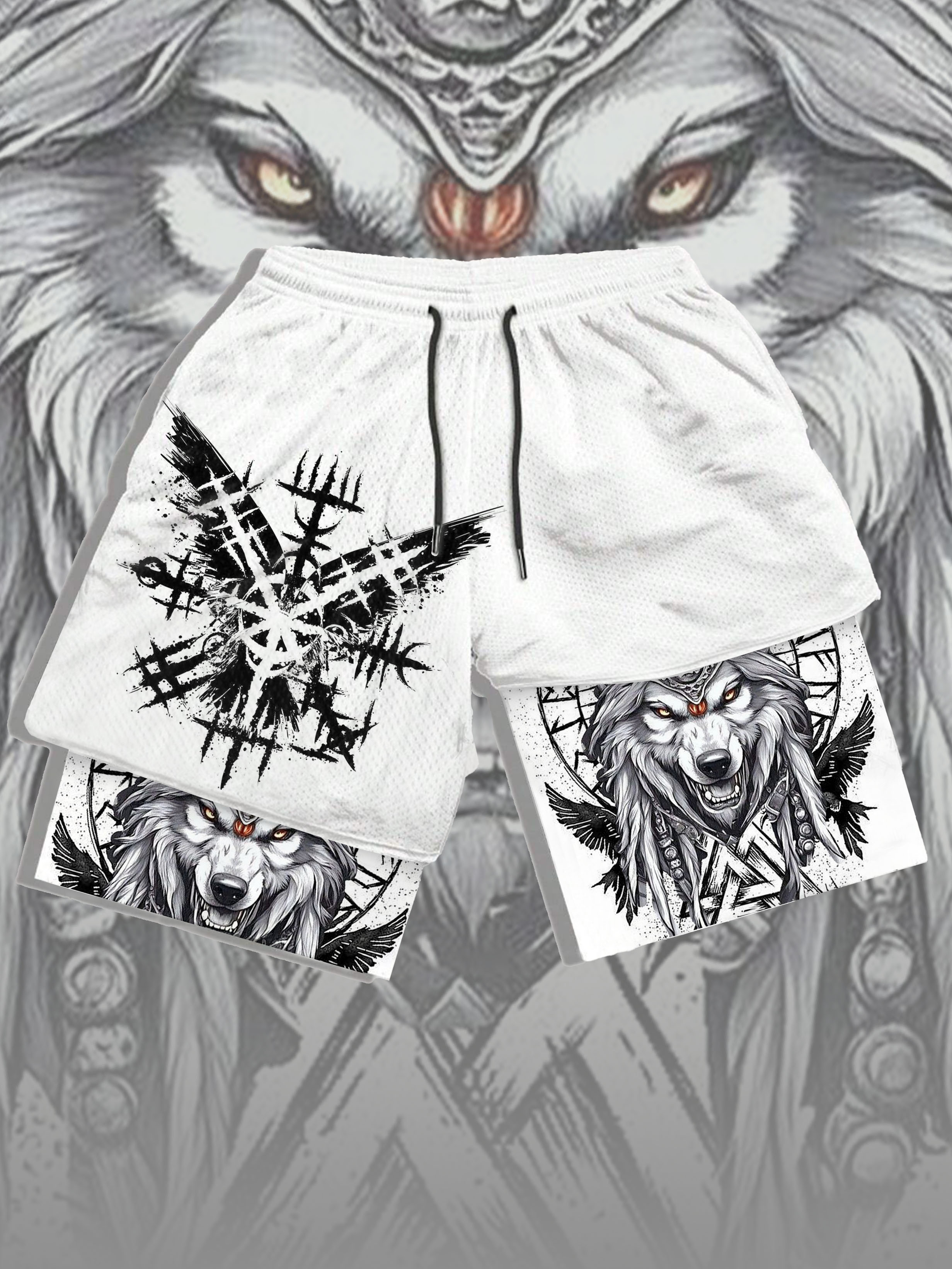 Viking men's giant wolf Odin knot rune pattern design shorts