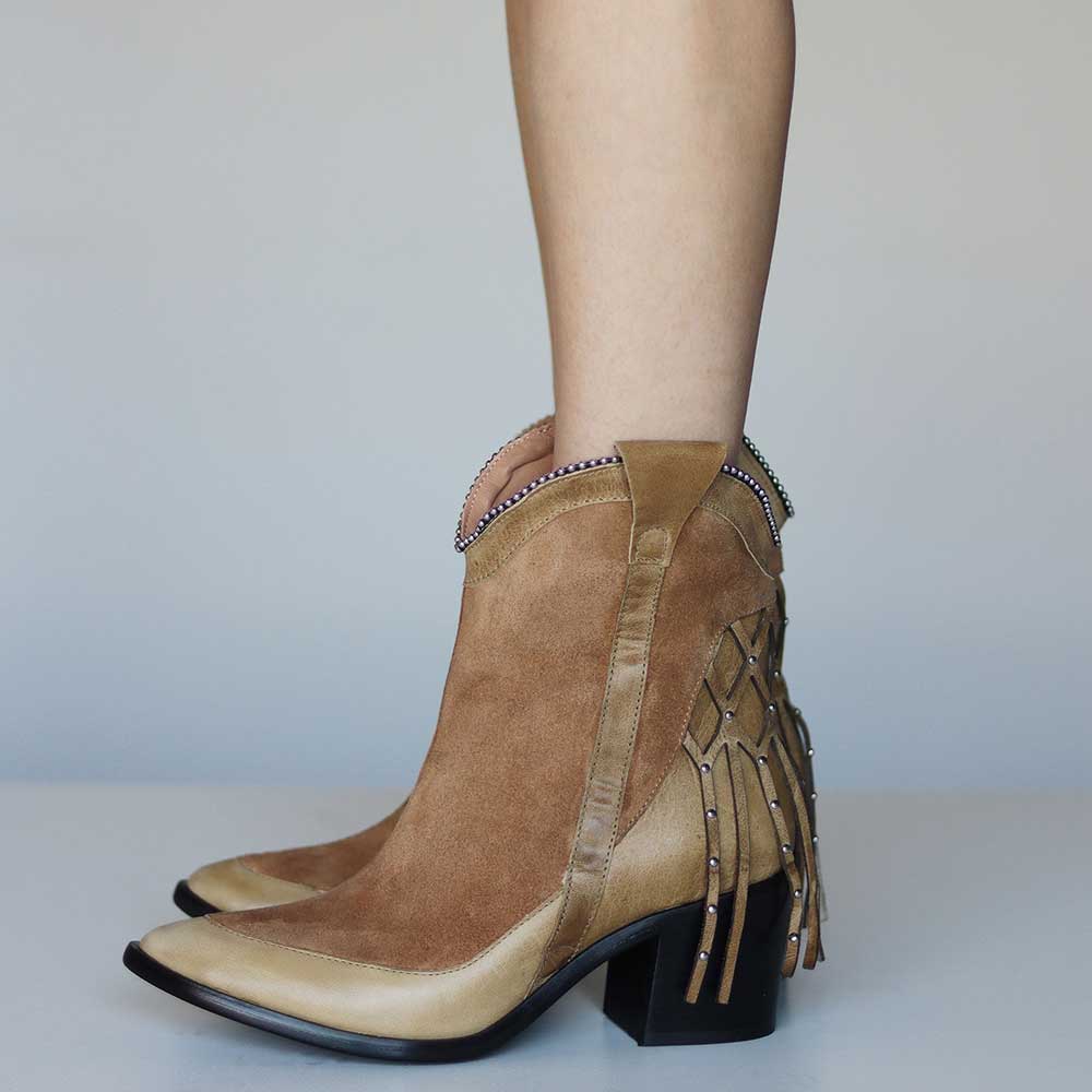 Brown Pointed Toe Chunky Heel Side-Zipped Western Ankle Boots Nicepairs