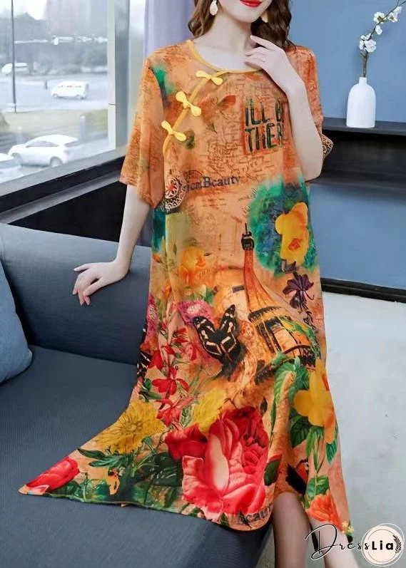 Women Yellow Print Chinese Button Patchwork Silk Dress Summer