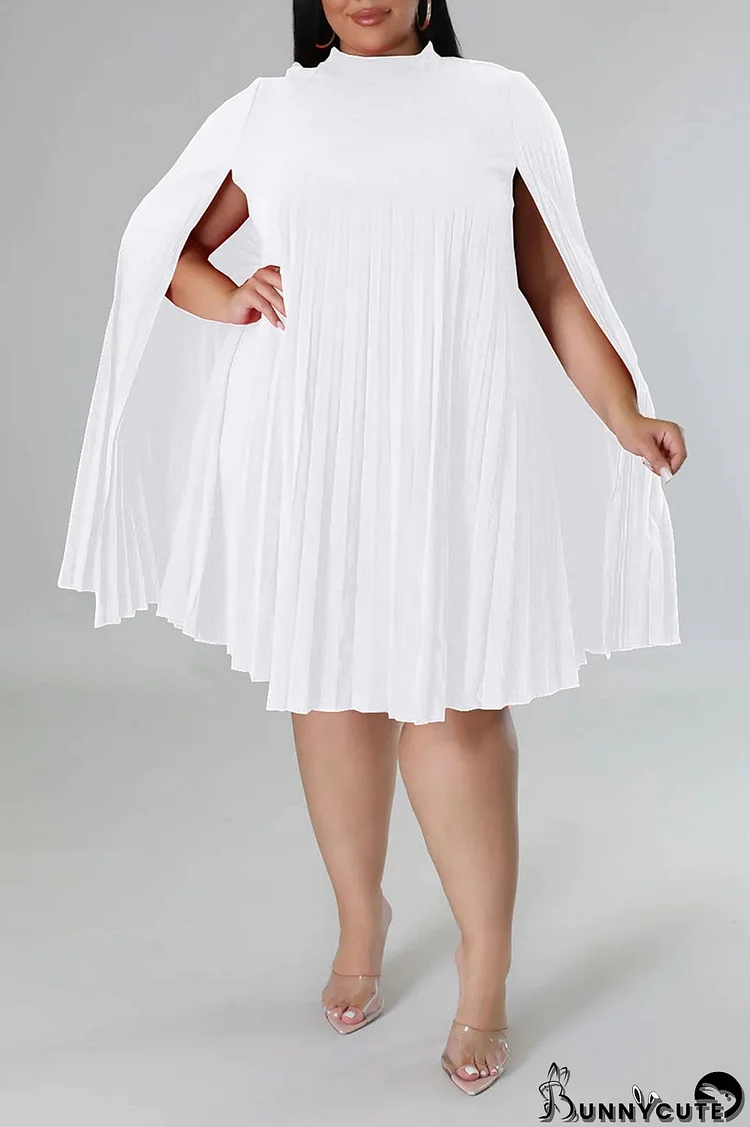 White Casual Solid Patchwork Fold O Neck A Line Plus Size Dresses