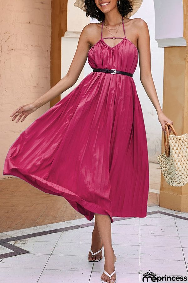 Solid Color Pleated Waist Halter Neck Dress