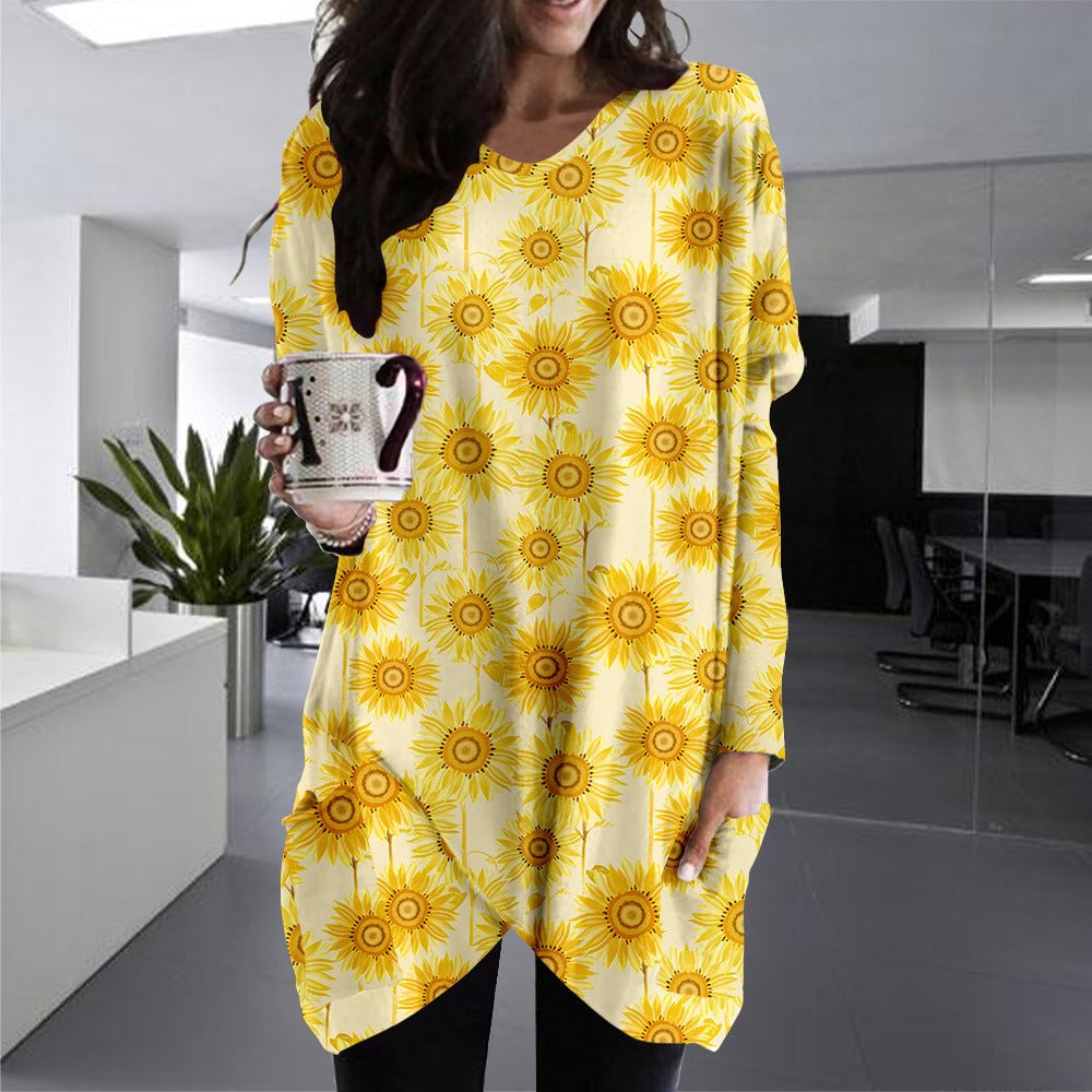 Clothing Collar Long Slit Female T-shirt Sunflower Sheath Dress One Piece Ion