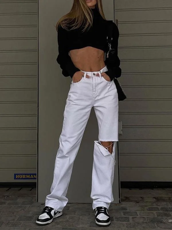 High-rise ripped loose jeans