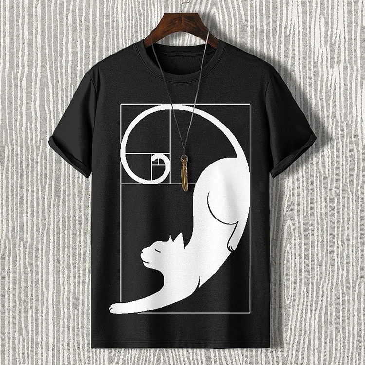 VChics Men's Fibonacci Cat The Golden Ratio Print Casual T-shirt