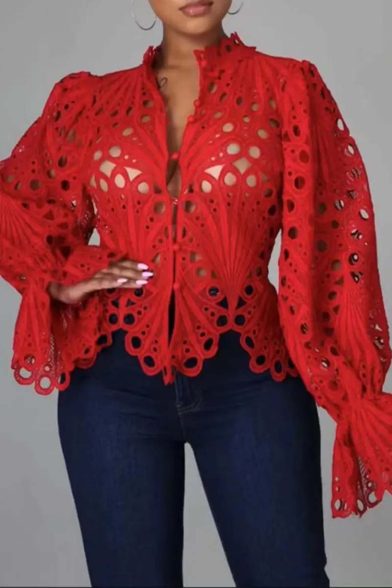 Sexy Solid Hook Flower Hollowed Out V Neck Long Sleeve Two Pieces