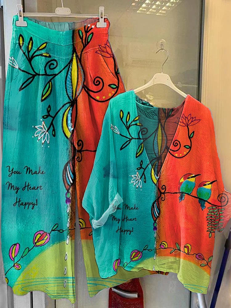 Women's Vintage Floral Bird Art Printed V-Neck Top Wide-Leg Pants Cotton Linen Suit